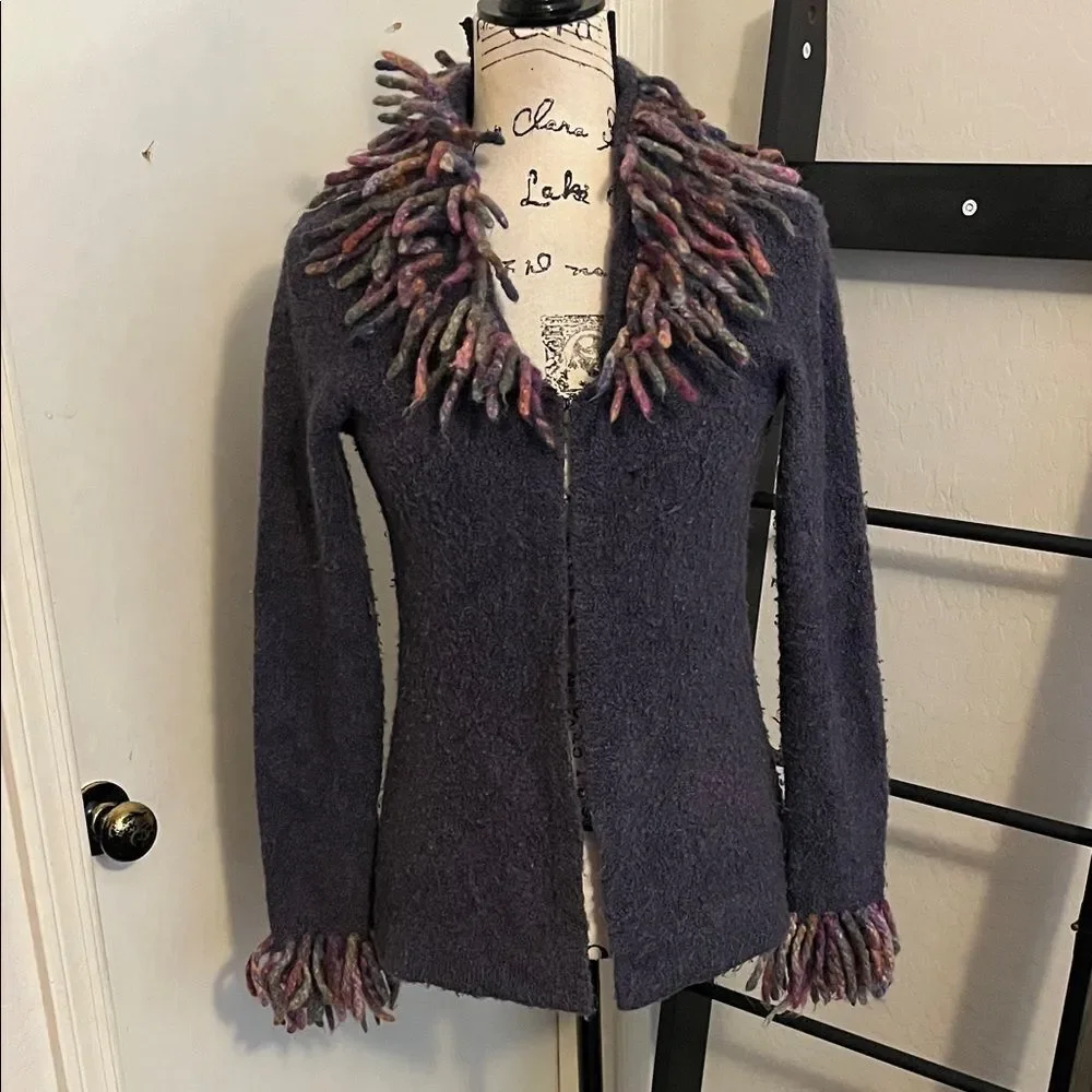 Free People Y2K Purple Wool Blend Multicolor Yarn Fringe Cardigan Sweater Boho